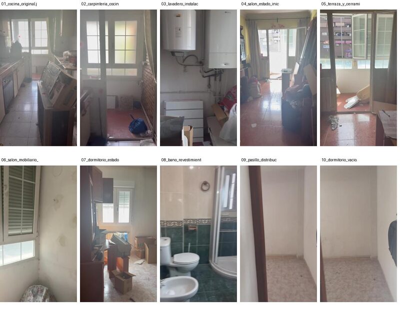 Fotografías del estado inicial de la vivienda: cocina, carpintería, lavadero, salón, terraza, dormitorios, baño y pasillo antes de la reforma