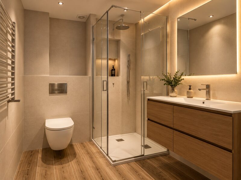 Baño con plato de ducha y mampara de vidrio, mueble de lavabo en madera y espejo retroiluminado