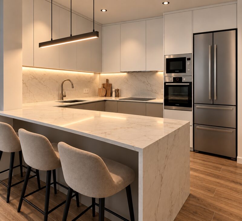 Cocina en blanco con península de encimera efecto mármol, taburetes tapizados y columna de electrodomésticos