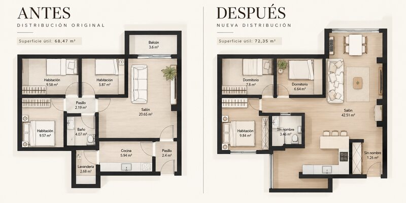 Comparativa de planos: a la izquierda la distribución original de 68,47 m² útiles con cocina cerrada; a la derecha la nueva distribución de 72,35 m² con cocina abierta al salón de 42,51 m², tres dormitorios, baño y recibidor