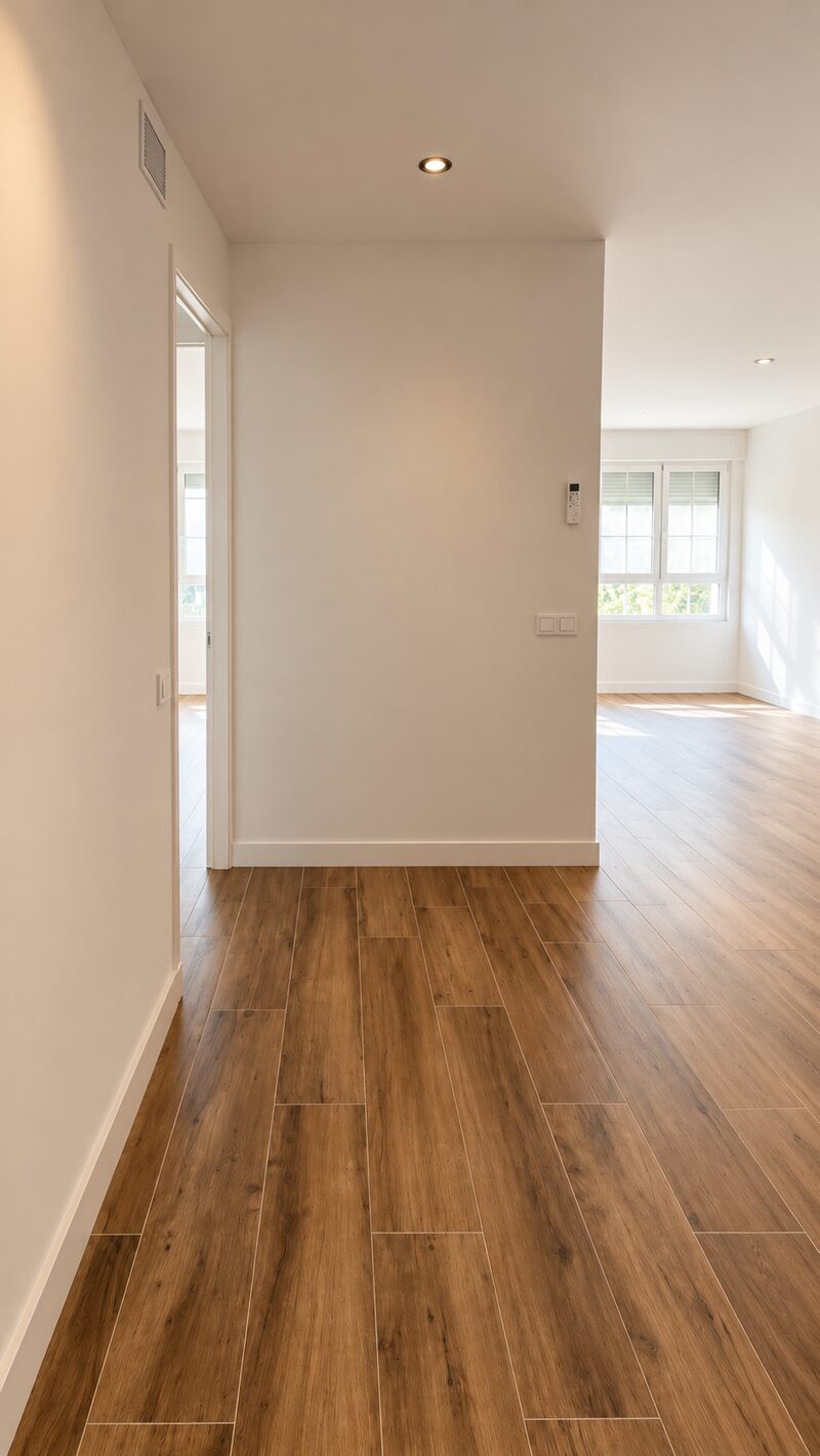 Salón reformado con suelo de madera continuo, paredes blancas y luz natural entrando por las ventanas