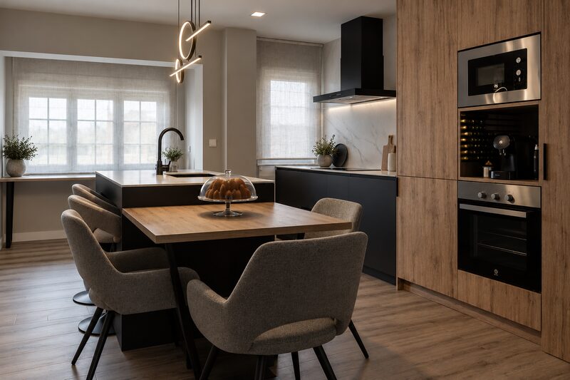 Cocina con isla en negro, columnas de madera con electrodomésticos integrados, mesa de madera y sillas tapizadas