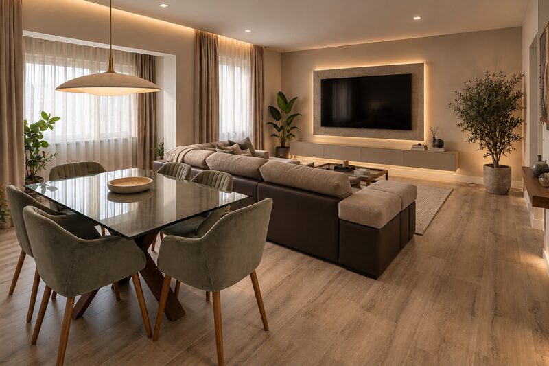 Comedor con mesa de vidrio y sillas tapizadas en verde salvia, abierto al salón con cortinas de lino hasta el techo