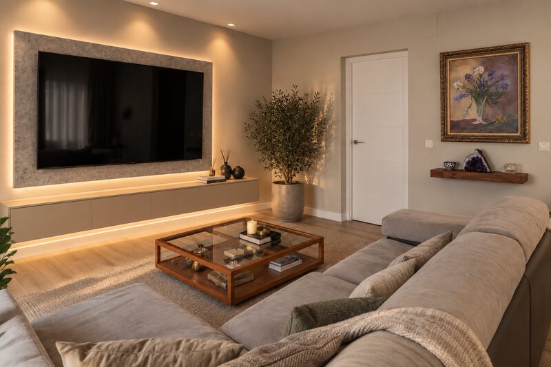 Mueble de televisión suspendido con luz indirecta inferior, panel de piedra retroiluminado y mesa de centro de vidrio y madera