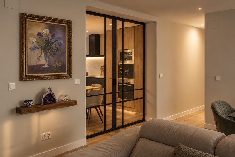 Puerta corredera de vidrio con perfilería negra abierta hacia la cocina, con un cuadro de flores y una balda de madera en la pared del salón