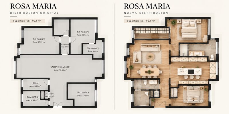 Comparativa de planos de 92,1 m² útiles: a la izquierda la distribución original con salón-comedor central, baño, lavandería y varias estancias pequeñas; a la derecha la nueva distribución con salón-comedor y cocina con isla abiertos, dos dormitorios, dos baños y almacenaje integrado