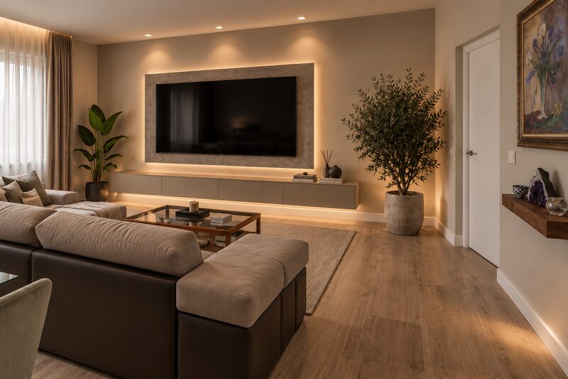 Salón con sofá en tonos topo, mueble de televisión suspendido y panel de piedra retroiluminado, junto a un olivo en maceta
