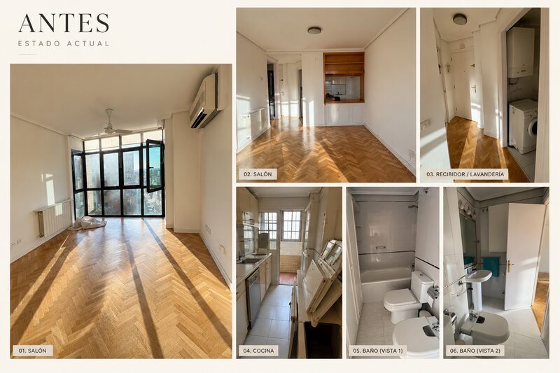 Fotografías del estado inicial de la vivienda: salón con suelo de parqué en espiga y ventanal, cocina cerrada con pasaplatos, recibidor con lavandería y baño con bañera