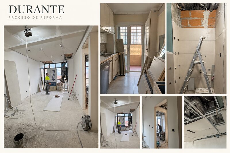 Fotografías del proceso de reforma: montaje del falso techo de pladur en el salón, desmontaje de la cocina, alicatado del baño con piezas de gran formato, nuevos premarcos de puertas e instalación de conductos de climatización