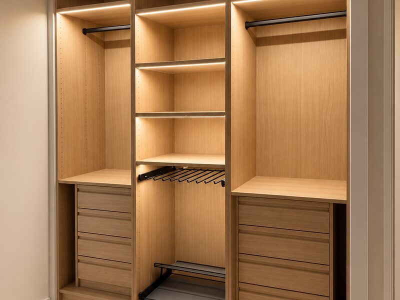 Interior del armario en madera clara con barras de colgar negras, baldas, cajoneras, pantalonero y zapatero extraíbles e iluminación LED