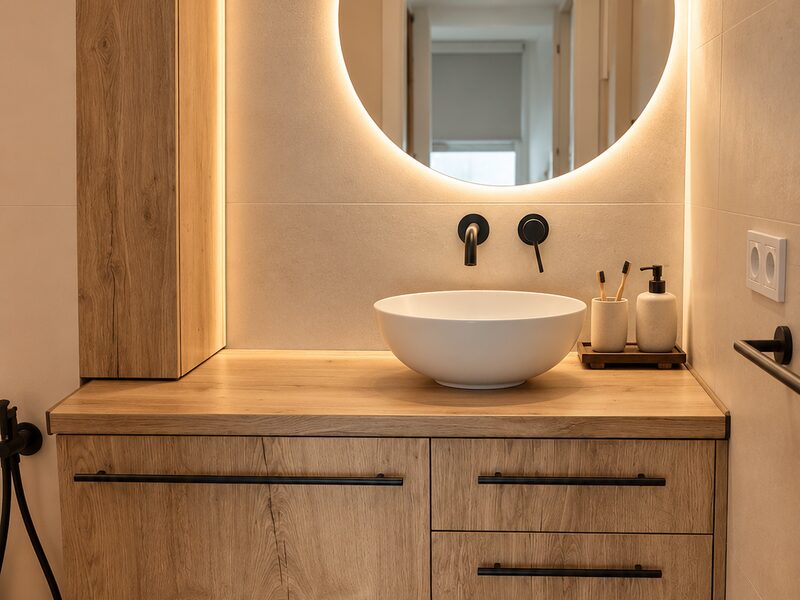 Mueble de baño en madera con tiradores negros, lavabo de sobre encimera blanco, grifería empotrada negra y espejo redondo retroiluminado