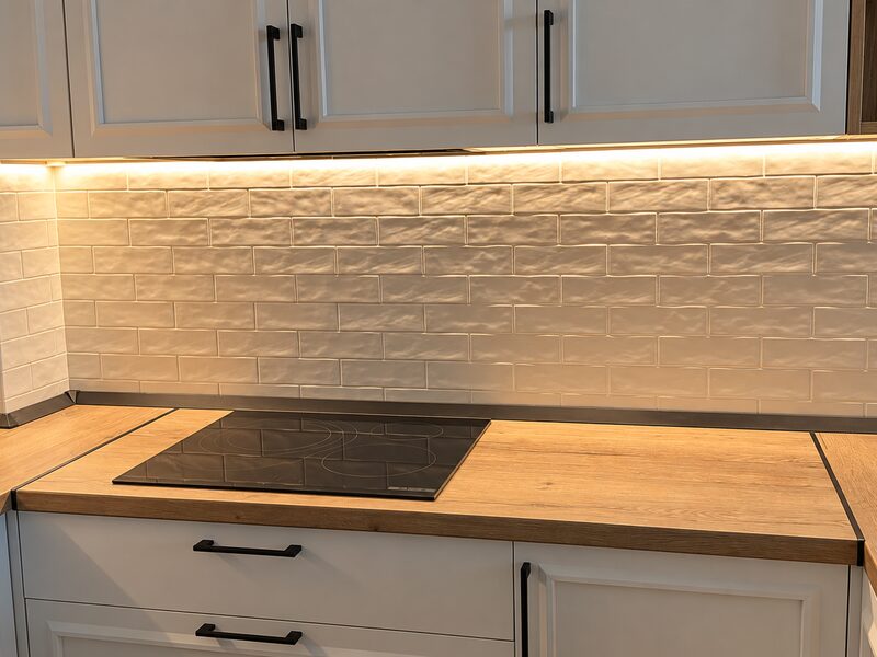Cocina con muebles blancos de puerta enmarcada y tiradores negros, encimera en madera, placa de inducción y frente de azulejo tipo ladrillo iluminado con tira LED