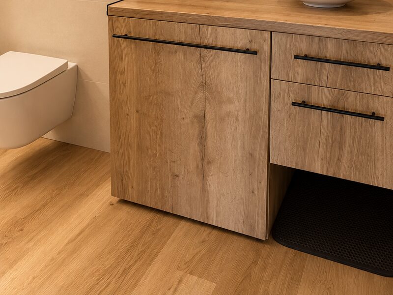Suelo en tono roble natural que continúa hasta el baño, junto al mueble de lavabo y el inodoro suspendido