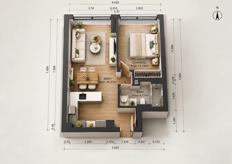 Plano amueblado de la nueva distribución: salón con cocina abierta en forma de L y comedor de 26,37 m², dormitorio de 11,74 m² con armario empotrado y baño de 4,23 m² con ducha