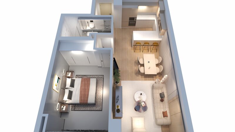 Render en vista aérea de la vivienda amueblada: cocina en L con península y taburetes, comedor, salón con sofá claro y alfombra, dormitorio con cama doble y armario empotrado, y baño con ducha